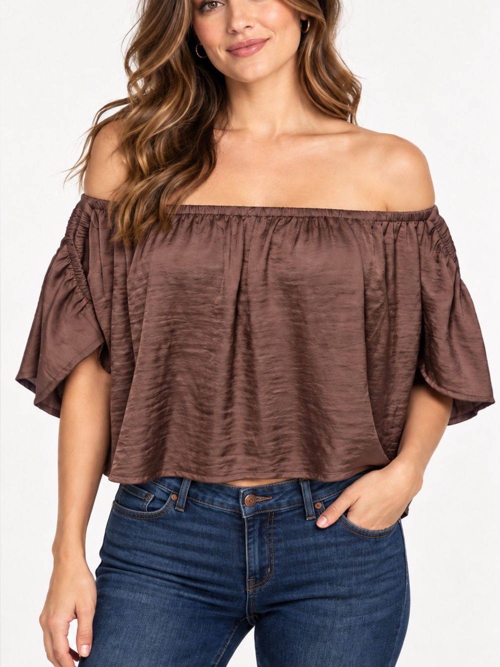 American Eagle Outfitters Off-Shoulder Satin Top in Taupe Brown